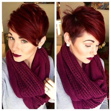 Cute Pixie Cut and Mahogany Hair - Short Hairstyles with Side Swept Bangs Red Violet Hair, Short Textured Hair, Kort Bob, Mahogany Hair, Hair Color Mahogany, Red Pixie, Short Shag Haircuts, Asymmetrical Pixie, Short Shag Hairstyles