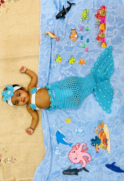 Mermaid Theme Photoshoot Baby, Mermaid Theme Photoshoot, Monthly Photoshoot, Mermaid Photoshoot, Theme Photoshoot, Baby Photo Shoot, Mermaid Baby, Baby Pic, Baby Shoot