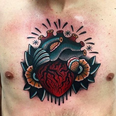 Anatomical Heart With Flowers, Enough Tattoo, Heart With Flowers, Traditional Tattoo Old School, Anatomical Heart Tattoo, Artist Of The Month, Petit Tattoo, Traditional Style Tattoo, Street Tattoo