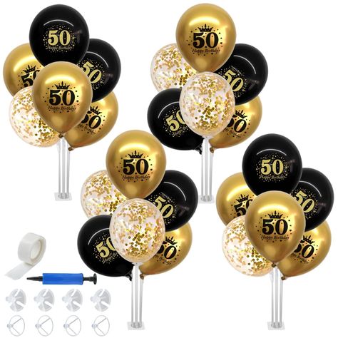 PRICES MAY VARY. 50th birthday table centerpiece balloons set: You will get 4 pack of balloons stand kit (stick + cup + base), 12pcs of 12-inch gold balloon, 12pcs of 12-inch black balloons, 12pcs of 12-inch gold dot balloons, 1pc of pump, and multiple adhesive dots, enough quantity for the 50th birthday party table centerpiece decoration. Premium material: Black and gold balloons are made of natural latex, thick and strong, ensuring that they remain stable and secure as a standout element of yo 50 Birthday Balloons Decoration, 50th Bday Party Decor Ideas For Women, 50th Birthday Centerpiece For Women, 50th Birthday Party Decorations For Men, 50th Birthday Party Ideas For Men Theme Decoration, Centerpieces 50th Birthday, 50th Birthday Party Table Decorations, 50th Birthday Party Centerpieces, 50th Birthday Table Decorations