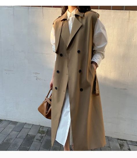 HEYFANCYSTYLE Khaki Long Sleeveless Trench Coat Trench Coat Vest Outfit, Vest 2023, Moda Steampunk, Sleeveless Trench Coat, Sleeveless Trench, Sweater Skirt Set, Casual Knitwear, Batwing Top, Warm Cardigan