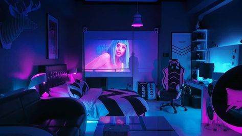 Room With Boyfriend, Cyberpunk Room Ideas, Boyfriend Room, Cyberpunk Bedroom, Cyberpunk Interior, Support Boyfriend, Futuristic Room, Cyberpunk Room, Small Game Rooms