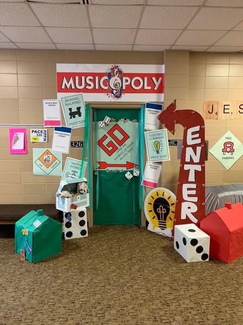 Large Board Game Decorations, Board Game Night Decorations, Board Game Backdrop, School Game Night Decorations, Monopoly Party Theme, Board Game Hallway Theme, Vbs Board Game Theme Crafts, Game Theme Door Decorations, Board Games Door Decorations