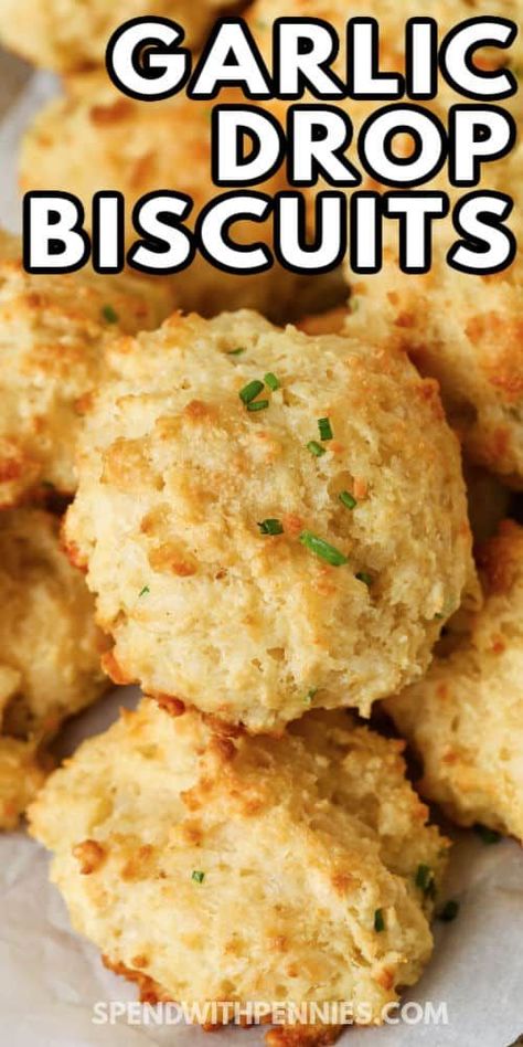 Ready in just 20 minutes, these creamy and tender drop biscuits have simple ingredients and a short baking time. For an easy no milk version, just substitute water or non-dairy milk! #spendwithpennies #dropbiscuits #sidedish #recipe #easy #homemade #garlic #fluffy #parmesan #bisquick #best Garlic Drop Biscuits, Recipe For Chicken And Dumplings, Cheddar Drop Biscuits, Serve With Soup, Garlic Biscuits, Easy Drop Biscuits, Drop Biscuits Recipe, Baking Powder Biscuits, Chicken Dumplings Recipe