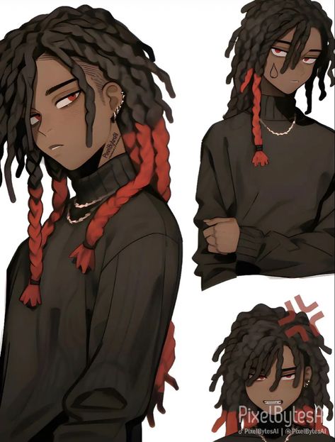 Black Male Hairstyles Drawing Reference, Guy With Locs Drawing, Black Oc Design, Dreadlock Character Design, Dreads Character Design, Anime Dreadlocks Guy, Black Guy Character Design, Black Character Design Male Dreads, Dreadlock Anime