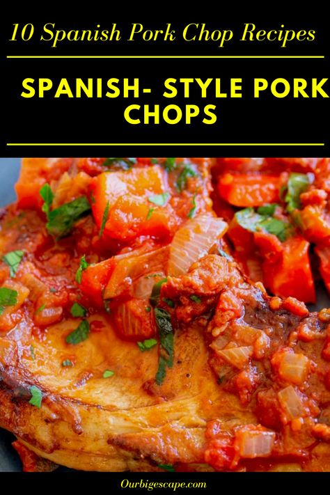 Pork Chop Spanish Rice, Boneless Pork Chop Recipes Mexican, Spanish Pork Chop Recipes, Spanish Style Pork Chops, Spanish Rice And Pork Chops, Spanish Pork Recipes, Bone In Pork Chop Recipe, Spanish Pork Chops, Thick Pork Chop Recipe