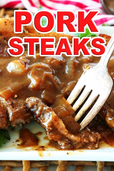 Pork Steaks (also known as Blade Steaks) are a budget-friendly cut of pork, rich in marbling and loaded with big flavor. This is an easy, one-pan dinner idea for tender, flavorful steaks that cook up fast in the skillet and end up on your plate swimming under a sea of savory Brown Onion Gravy. #porksteaks #pork #porkrecipes #dinner #dinnerideas #budgetfriendlyrecipes Pork Steaks And Gravy, Keto Pork Steak Recipes, Recipes For Pork Steaks, Pork Steak Recipes Skillet, Recipe For Pork Steak, Pork Steak Recipes Oven Baked Easy, Pork Steaks Recipes, Pork Shoulder Blade Steak, Brown Onion Gravy