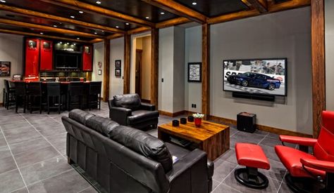 Garage/Cars behind the sofa from this view. Man Cave Sofa, Man Cave Couch, Garage Bar Ideas, Mancave Garage, Display Visual Merchandising, Man Cave Design, Dream Basement, Man Cave Accessories, Men Cave