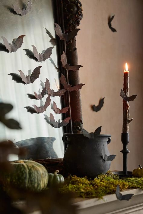 Iron Bat Wall Decor, Set of 18 | Anthropologie (US) Chic Gothic Decor, Non Scary Halloween Decor, Haunted Cottage, Spooky Silhouettes, Bat Wall Decor, Acorn Garland, Halloween Trends, Bat Wall, Pig Roast