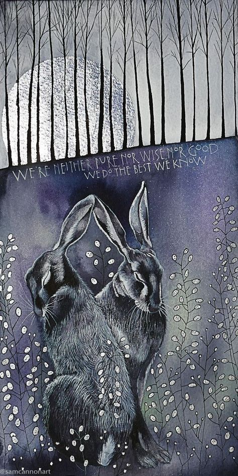 Hase Tattoos, Moon Hare, Hare Illustration, Sam Cannon, Hare Painting, Moon Gazing, Moon Gazing Hares, Pagan Art, Rabbit Art