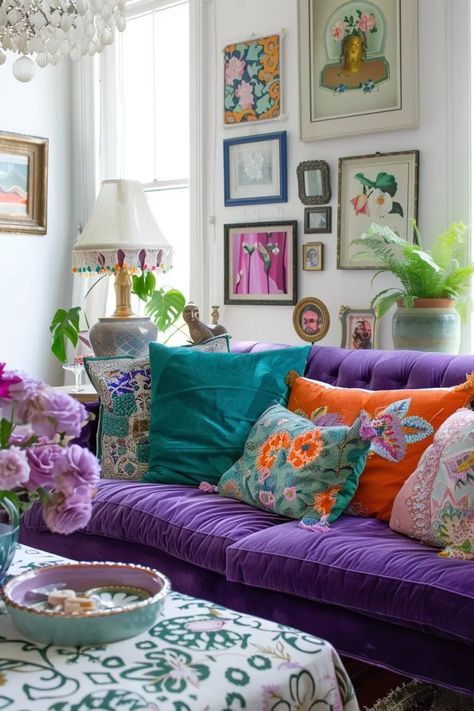 40 Velvet Couch Living Room Ideas Purple Velvet Furniture, Romantic Living Room Ideas, Velvet Couch Living Room Ideas, Brown Couches, Velvet Couch Living Room, Funky Eclectic Decor, Eclectic Decor Inspiration, Flower Living Room, Colorful Couch