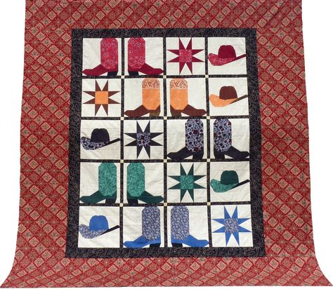 Cowboy Boots n Hats pattern Queen size Cowboy Hat Quilt Block Pattern, Western Quilt Patterns, Cowgirl Quilt, Cowboy Quilts, Mountain Quilt Pattern, Southwestern Quilts, Bed Quilt Patterns, Texas Quilt, Cowboy Quilt