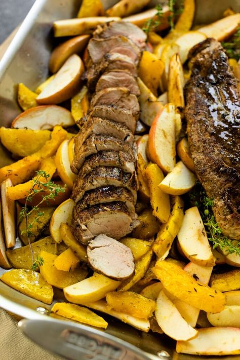 With a fall spice blend, this Roasted Pork Tenderloin is a delicious, light meal for any weeknight. Since apples and squash are in season, they provide the perfect side dish, all baked together! | wyseguide.com #thatssowyse #fall #squash #apples #pork Roasted Pork Tenderloin With Apples, Pork Tenderloin With Apples, Apple Pork Tenderloin, Roasted Pork Tenderloin, Wyse Guide, Apple Pork, Roasted Pork Tenderloins, Tasty Meat, Roasted Pork