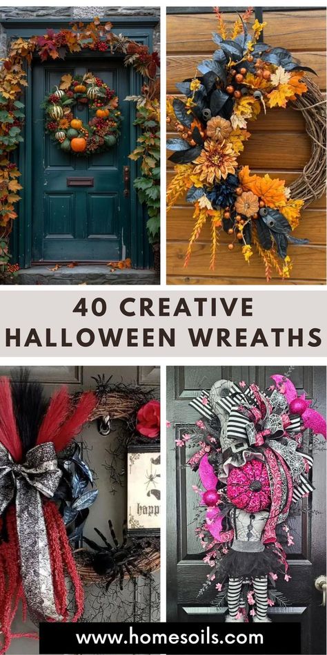 Get inspired with these 40 creative Halloween wreath ideas! From spooky spider webs to gothic floral arrangements, craft unique wreaths that add a festive and eerie touch to your front door this Halloween season. Halloween Witch Wreaths For Front Door, Diy Halloween Door Wreaths, Gothic Floral Arrangements, Creative Wreath Ideas, Halloween Wreath Ideas Diy, Halloween Grapevine Wreath, Halloween Wreath Ideas, Halloween Floral Arrangements, Halloween Diy Door