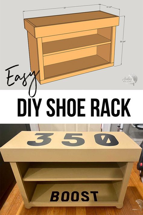 collage of DIY shoe rack and shoe rack building schematic with text Oak Dining Table Makeover, Shoe Rack Plans, Mudroom Inspiration, Dining Table Makeover, Wood Shoe Rack, Diy Shoe Rack, Diy Shows, Diy Shoe, Wood Projects For Beginners