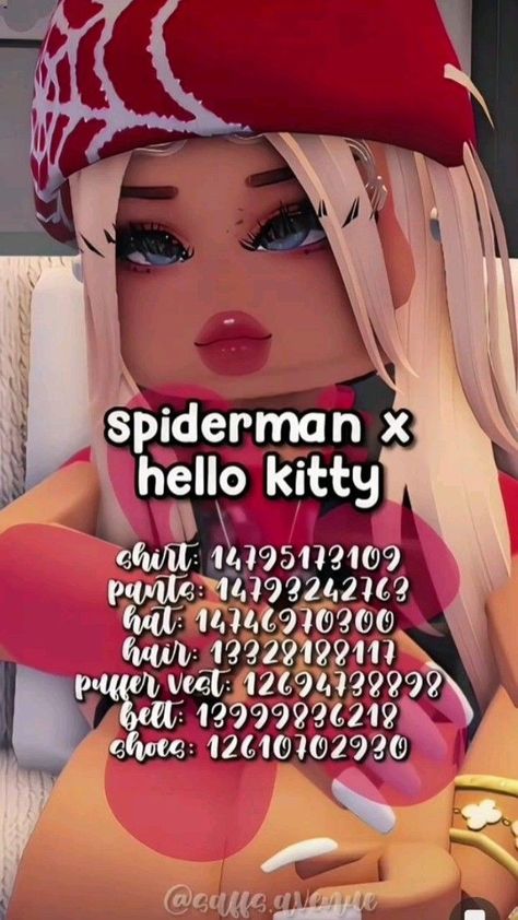 ☆ Yk2 Outfits, Spiderman Girl, Spiderman Outfit, Blocksburg Outfit Codes￼, Preppy Decal, Code Clothes, Life Code, Hello Kitty Clothes, Black Hair Roblox