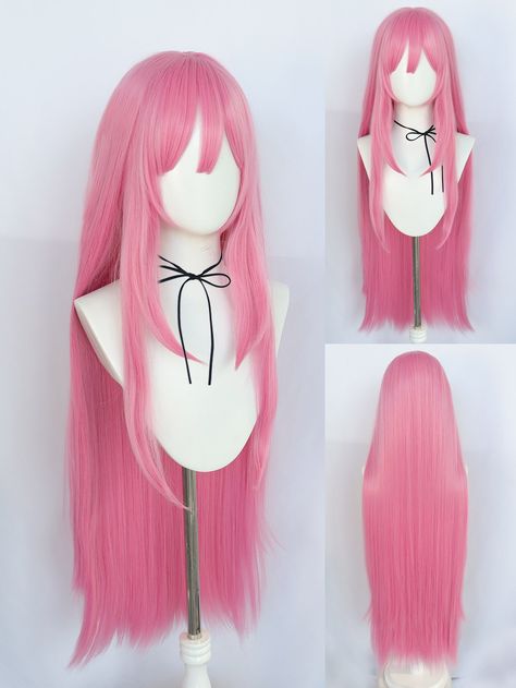 Pink  Collar  Synthetic Fiber  Bangs Wig Embellished   Wigs & Accs Pink Cosplay Wig, Kawaii Wigs Pink, Anime Wigs Long, Shein Wigs, Long Pink Wig, Pink Hair Wig, Pink Wigs, Long Pink Hair, Pink Hair Anime