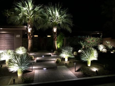 Landscape Lighting Ideas Front Yards, Landscape Remodel, Landscape With Rocks, Desert Landscape Front Yard, Palm Springs Landscaping, Modern Landscape Design Front Yard, Front Porch Landscape, Desert Architecture, Desert Backyard