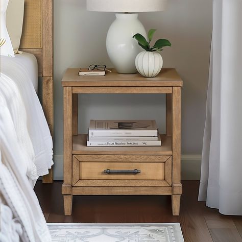 Martha Stewart Salina Woven Cane Nightstand - Bed Bath & Beyond - 40415146 Cane Paneling, Cane Nightstand, Urban Habitat, Lily Pond, Dreamy Bedrooms, Furniture Outlet Stores, Martha Stewart, Wood Veneer, Open Shelving