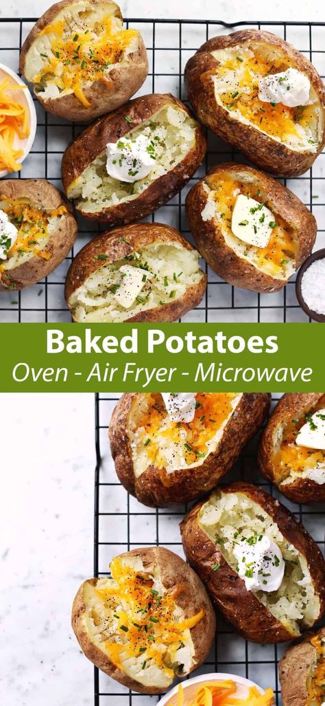 Baked Potatoes: Oven, Air Fryer, Microwave - A Beautiful Mess Baked Potato Halves, Fast Baked Potato, Potato In The Oven, Air Fryer Microwave, Potatoes Oven, Baked Potato Microwave, Bacon Wrapped Filet, Cooking Baked Potatoes, Easy Baked Potato