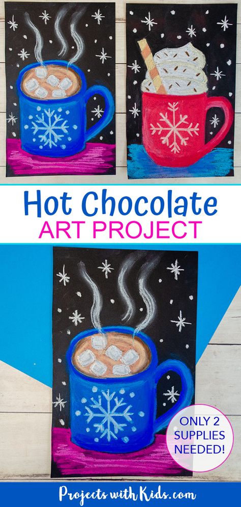 Christmas Art Projects For First Grade, Christmas Art Activity For Kids, Winter Art 1st Grade, Kindergarten December Art, Oil Pastel Christmas Art For Kids, Christmas Art Lessons For Kindergarten, Winter Kindergarten Art Projects, Hot Cocoa Art Project, Thanks Giving Art Projects