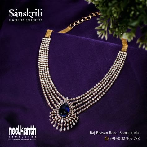 Choker Necklace Designs Diamond, Diamond Necklace Designs Unique, Neelkanth Jewellers, Diamond Neckless, Diamond And Sapphire Necklace, Small Diamond Necklace, Diamond Haram, Diamond Jewlery, Stone Jewellery Designs