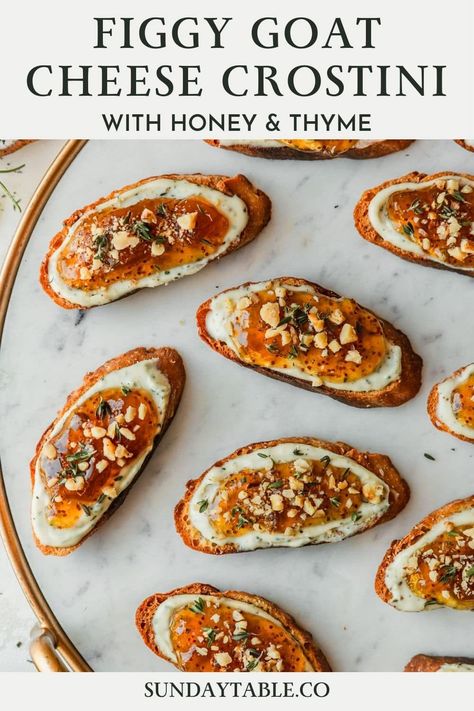 Appetizer Recipes With Goat Cheese, Fall Goat Cheese Appetizer, Appetizer Recipes For Fall, House Warming Appetizer, Cold Crostini Appetizers, Easy Appetizers Cold Make Ahead, Nut Free Appetizers, Holiday Hourdourves, Goat Cheese And Fig Jam Appetizer