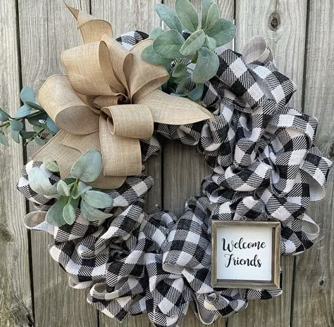 Buffalo Plaid Wreath Black And White, Buffalo Plaid Wreath Diy, Buffalo Plaid Wreaths, Wreath Competition, Burlap Wreath Ideas, Plaid Wreaths, 4x4 Pumpkins, White Wreaths, Buffalo Check Wreath