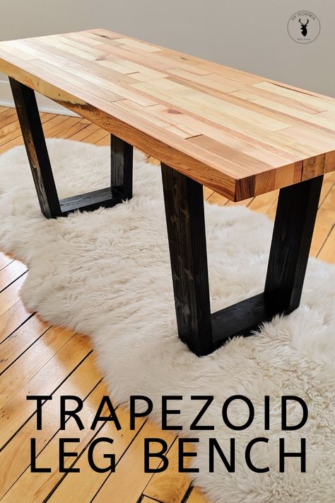 How to build a wooden bench with trapezoid legs | DIY Montreal Wooden Table Legs Diy, Wooden Bench Legs Ideas, Bench Legs Ideas Wood, Making Table Legs Wood, Bench With Metal Legs Diy, Coffee Table Legs Ideas Wooden, Diy Legs For Furniture, Bench Legs Ideas, Table Legs Ideas Wooden Diy