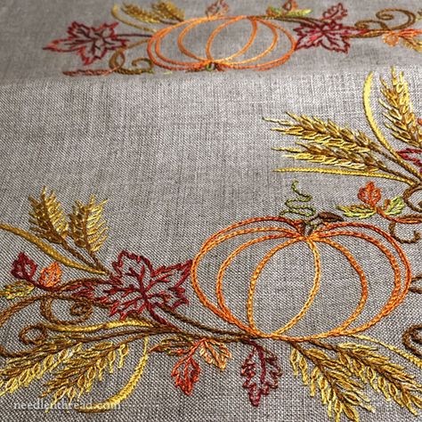 An Finish – Embroidered Table Runner for Fall – NeedlenThread.com - Festive Fall will be published in September! Check back on Needle 'n Thread for it! Hand Embroidered Table Runner, Fall Table Runners Diy, Embroidery Table Runners, Autumn Table Runner, Autumn Embroidery, Pumpkins And Leaves, Bordados Tambour, Fall Embroidery, Fall Embroidery Designs