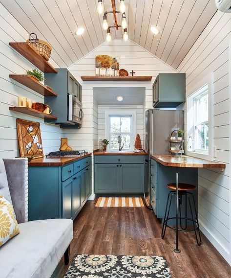 Gorgeous green custom cabinets and eight feet of butcher block countertops provide a warm contrast to the white shiplap walls. Two Bedroom Tiny House, Tiny House Interior Design, White Shiplap Wall, Butcher Blocks, Tiny House Inspiration, Tiny House Kitchen, White Shiplap, Tiny House Interior, Tiny House Living