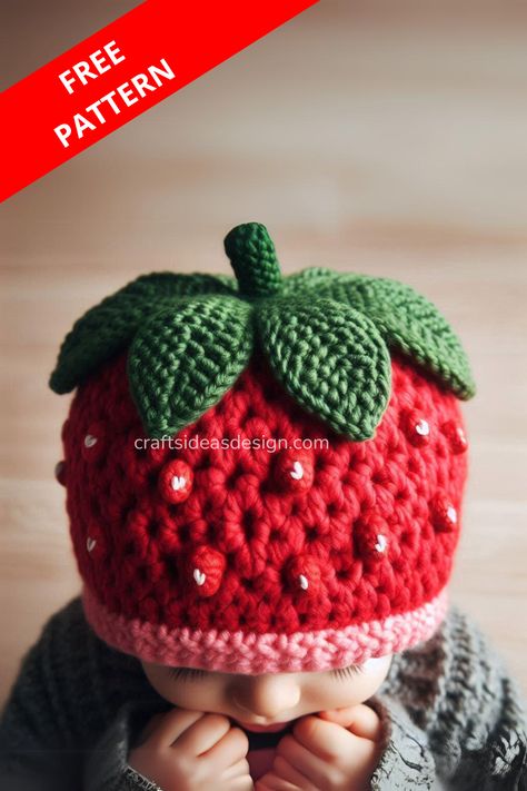 adorable crochet strawberry baby hat with this easy-to-follow pattern and materials list. Perfect for all skill levels. Strawberry Hat Crochet Pattern, Crochet Berry Hat, Strawberry Crochet Hat Pattern, Crochet Strawberry Hat, Baby Hat Free Pattern, Strawberry Hat, Strawberry Crochet, Crochet Baby Hat Patterns, Strawberry Baby