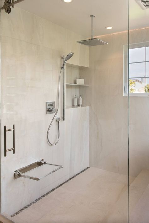 Large Format Shower Floor Tile, Big Slabs Tile Bathroom, Large Neutral Bathroom Tile, Cream Shower Tile Master Bath, Large Tile Shower Floor, Big Shower Tiles, 24x48 Tile Bathroom, Large White Tile Bathroom, Big Tile Bathroom