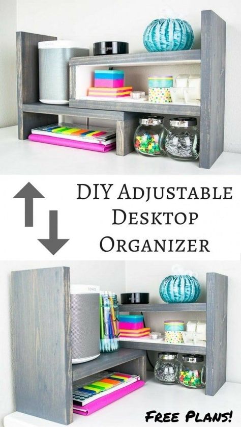 DIY Adjustable Desktop Organizer - The Handyman's Daughter Shelf Spice, Diy Desk Organizer, Woodworking Plans Patterns, Shelf Office, Advanced Woodworking Plans, Office Supply Storage, Spice Shelf, Organizer Kitchen, Wood Crafting Tools