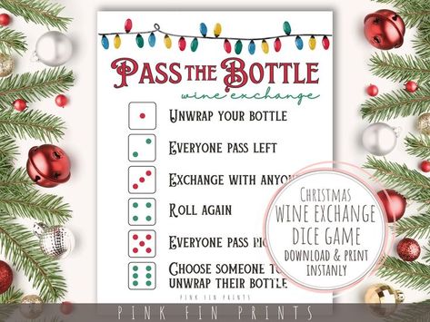 Play “Pass the Bottle” wine exchange game for a festive twist on Pass the Prize at this year's white elephant Christmas party! Players take turns rolling a die to see where they will pass the bottle. Play until all the wine bottles are unwrapped! A great Christmas game for groups of any size! White Elephant Christmas Party, Christmas Gift Exchange Party, Left Right Christmas Game, Wine Exchange, Gift Exchange Dice, Gift Exchange Game, White Elephant Christmas, Family Gift Exchange, Gift Exchange Party