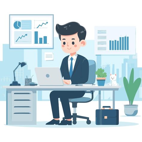 Businessman Drawing, Profession Illustration, Businessman Cartoon, Student Learning Cartoon, Office Worker Illustration, Working At Desk Illustration, Office Administration, Laptop Computers, Drawing Reference Poses