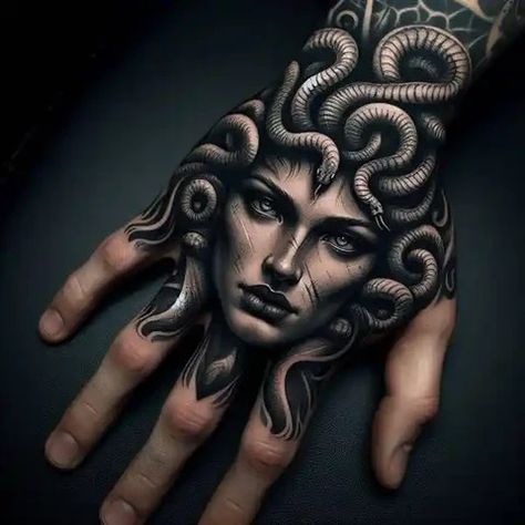 Buddha Hand Tattoo Design, Greek God Hand Tattoo, Thumb Cover Up Tattoo, Mythology Hand Tattoo, Full Neck Sleeve Tattoo, Italian Mob Tattoos, Taro Cards Tattoo Designs, Medusa Hand Tattoo Men, Hand Tattoo Cover Up Ideas For Men