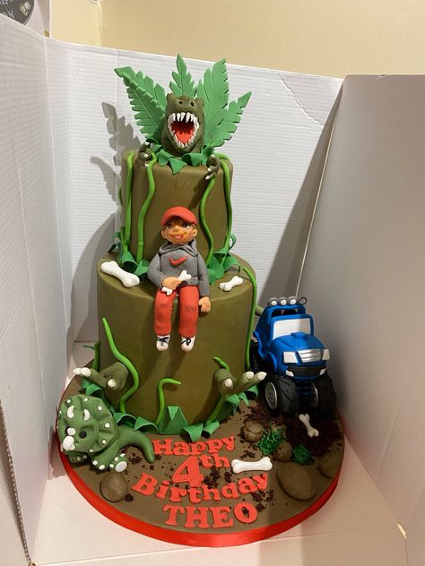 He said he wanted a scary dinosaur and a monster truck....this is the result!! Dinosaur And Car Cake, Dinosaur Themed Cake, Scary Dinosaur, Monster Truck Birthday Cake, Dino Birthday Cake, Elmo Birthday Cake, Truck Birthday Cakes, Truck Cakes, Elmo Birthday