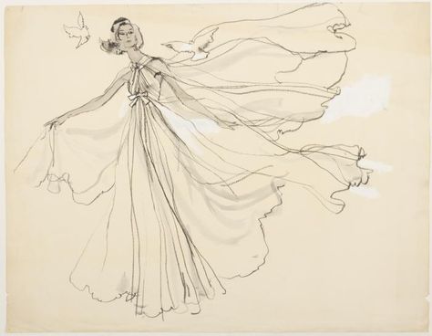 New School Archives: Digital Collections: Drawing/Painting/Print: Flowing Evening Dress with Wrapped Bodice [KA002201_OSxxx1_f04_09] Social Research, Dress Illustration, Hand Drawing Reference, Flowing Dress, Dress Sketches, Dress Drawing, Historical Images, The New School, Art Dress