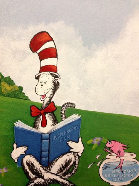 Cat in the Hat, Kyrene Elementary School reading books library mural Reading Hut, Library Makeover, Ward Room, Library Mural, Murals Ideas, Dr Seuss Art, Oxford Reading Tree, Fitness Trail, Library Posters