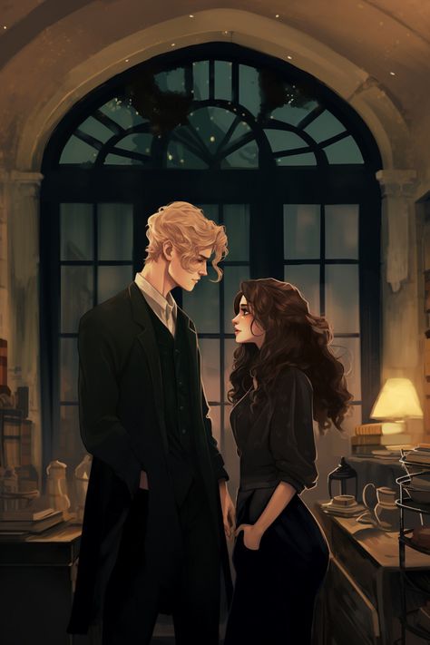 Digital illustration of Dramione made with Midjourney. Draco Malfoy and Hermione Granger Magic Fanart, Hermione Granger Fan Art, Hermione Granger Art, Fanfic Dramione, Hermione Granger Fanart, Dramione Art, Garri Potter, Ron Weasley Hermione Granger, Draco Malfoy Fanart