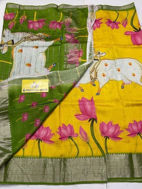 Mangalagiri Digital Print Sarees, Mangalagiri Pattu Sarees, Mangalagiri Sarees, Kerala Mural Painting, Lotus Print, Indian Silk Sarees, Beaded Jewels, Pattu Saree, Blouse Work