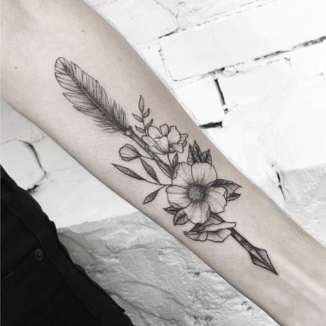 Arrow and flowers tattoo - @inkandwatertattoo on Instagram: “Arrow  . Done by: @calm.l0ck BOOK IN✍️: www.inkandwatertattoo.ca . . . . . . .…” Arrow Flower Tattoo, Arrow Tattoo Ideas, Forearm Tats, Cover Tattoos, Arrow Tattoo Design, Dragon Tattoo For Women, Triangle Tattoos, Sunflower Tattoos, Arrow Tattoo