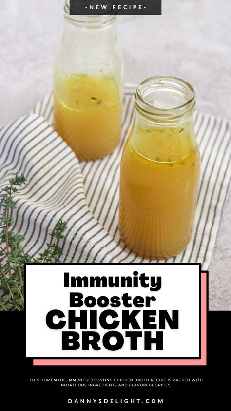 This homemade chicken broth recipe is packed with nutritious ingredients and spices, making it a great way to boost your immune system and fight off colds and flu. It includes carrots, onions, leeks, celery, lemongrass, garlic, ginger, turmeric, peppercorns, thyme, laurel leaves, and bay leaves to create a warm and comforting broth with a citrusy twist. Chicken Broth For Sickness, Chicken Broth Recipe, Chicken Broth Soup, Homemade Chicken Broth, Inflammation Diet Recipes, Chicken Broth Recipes, Stews Recipes, Japanese Chicken, Immunity Boost