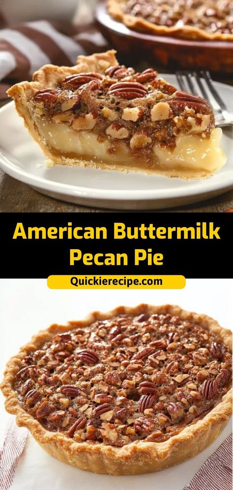 This Buttermilk Pecan Pie is a rich, creamy twist on the classic, with a custardy buttermilk filling topped with sweet pecans. Ingredients: 1 pre-made pie crust 1 cup buttermilk 1 cup pecans 1 cup sugar 1/4 cup butter, melted A creamy, nutty pie that’s a Southern favorite Buttermilk Pecan Pie, Sweet Pecans, Butter Pecan Pie, Pecan Pie Recipe Southern, Buttermilk Pie Recipe, Pecan Pie Filling, Buttermilk Pie, Southern Desserts, Pecan Pie Recipe