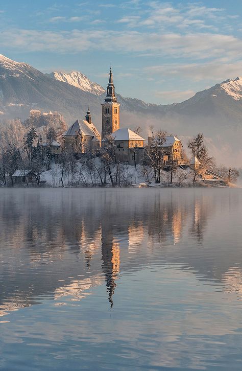 Bled, Slovenia Blue Water Wallpaper, Lake Bled Slovenia, Bled Slovenia, Slovenia Travel, Lake Bled, Winter Photos, Water Art, Beautiful Castles, Beautiful Backgrounds