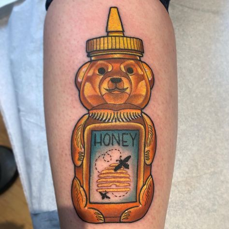 Honey Bear Tattoo, Zoom In Video, Baking Tattoo, Black Sheep Tattoo, Honey Bear Bottle, Winnie The Pooh Tattoos, Food Tattoos, Bottle Tattoo, Sacred Lotus