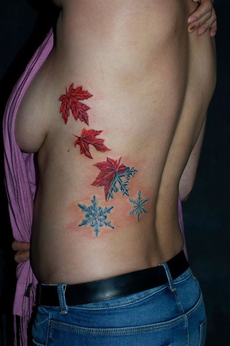 Leaves & Snowflakes Leaf And Snowflake Tattoo, Snow Tattoo, Snow Flake Tattoo, Autumn Tattoo, Snowflakes Falling, Forest Tattoos, Cherry Blossom Tattoo, Blossom Tattoo, 3d Tattoos