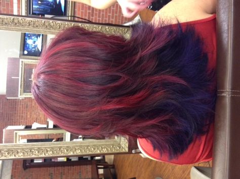 Red streaked hair with dark purple ombre, done by Zoe Salon in Fair Oaks VA, May 2013 (my photo). Red Hair With Purple Tips, Red Streaked Hair, Red Purple Hair Dye, Streaking Hair, Red Hair With Purple, Ombre Hair Red, Root Fade, Purple Hair Streaks, Hair With Purple