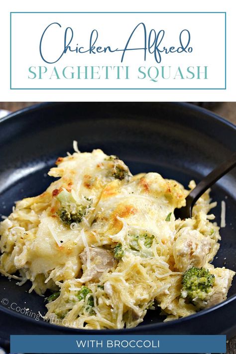 Chicken Alfredo Spaghetti Squash with Broccoli is a satisfying and healthy meal that the whole family will love. Creamy alfredo sauce, mixed with tender chicken, steamed broccoli, and tender spaghetti squash topped melted mozzarella come together in a mouthwatering, low-carb twist on a classic favorite. Chicken Broccoli Spaghetti Squash, Chicken Alfredo Spaghetti Squash, Chicken Alfredo Spaghetti, Alfredo Spaghetti Squash, Broccoli Spaghetti, Spaghetti Squash Chicken Alfredo, Alfredo Spaghetti, Spaghetti Squash Alfredo, Mushroom Broccoli